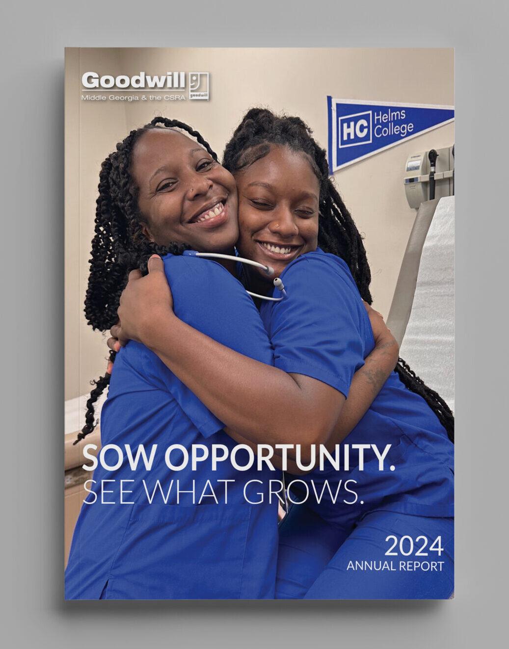 Goodwill of Middle Georgia 2024 Annual Report Cover, Two Female Helms College Healthcare students celebrating.