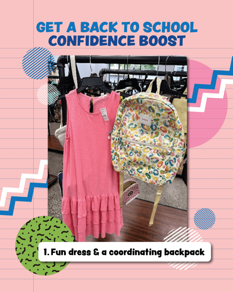 Pink ruffle dress with a colorful patterned backpack at a Goodwill store.